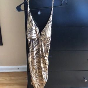Gold/brown/tan halter chain top dress
